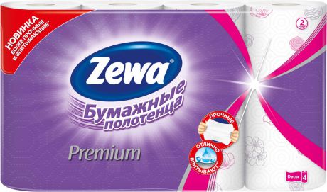 Zewa Бумажные полотенца "Premium Decor5", двухслойные, цвет: белый, розовый, 4 рулона