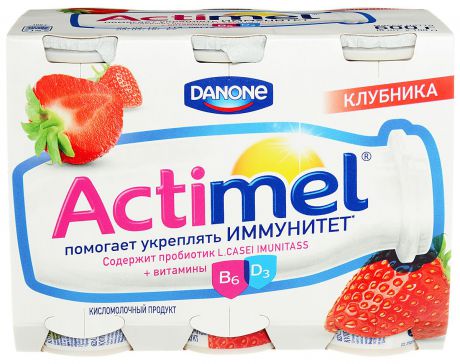 Актимель Продукт кисломолочный, Клубника 2,5%, 6 шт по 100 г