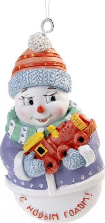 Новогоднее подвесное украшение Magic Time "Снеговик с паровозиком", 4,5 х 1,7 х 7,5 см