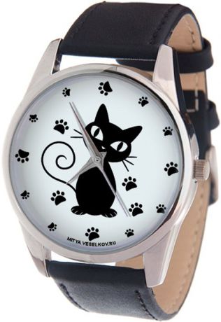 Наручные часы женские Mitya Veselkov "Кошка и следы", цвет: черный, белый. MV-238