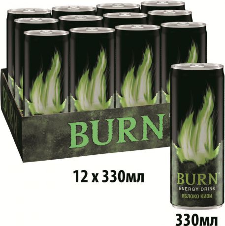 Burn Apple Kiwi энергетический напиток, 12 штук по 0.33 л
