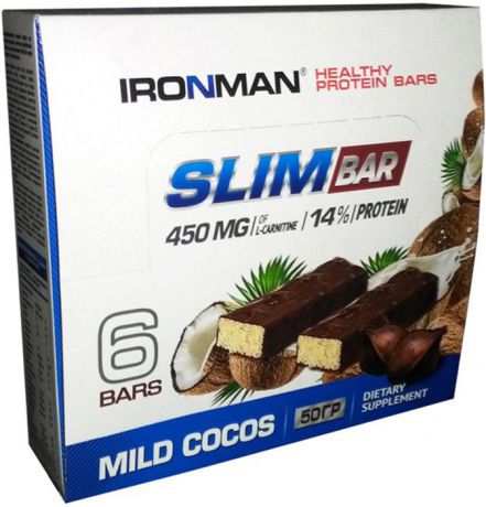 Батончик энергетический Ironman "Slim Bar", с L-карнитином, кокос, темная глазурь, 50 г, 6 шт