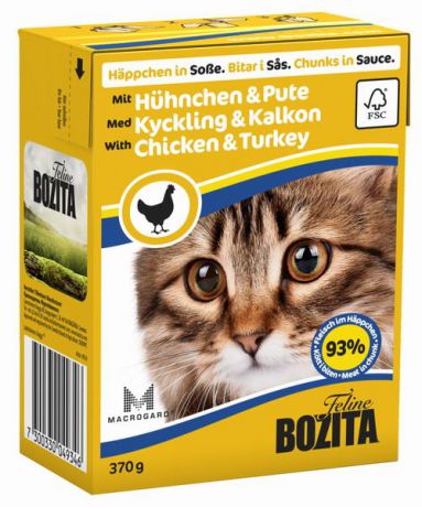 Консервы для кошек "Bozita Feline", с курицей и индейкой в соусе, 370 г