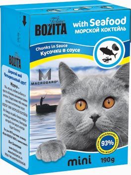 Консервы для кошек "Bozita mini", мясные кусочки в желе в соусе, с морским коктейлем, 190 г
