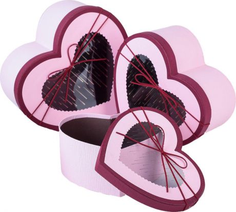 Подарочная упаковка "Сердце", розовый, бордовый, 3 шт