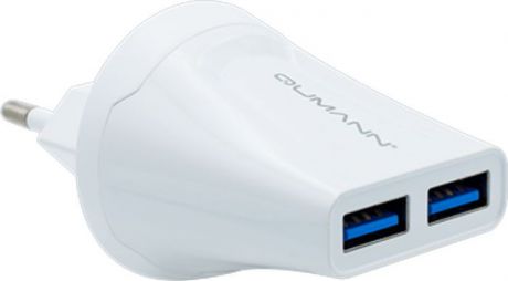 Сетевое зарядное устройство Qumann QTC-02, 2 USB, 50021, белый