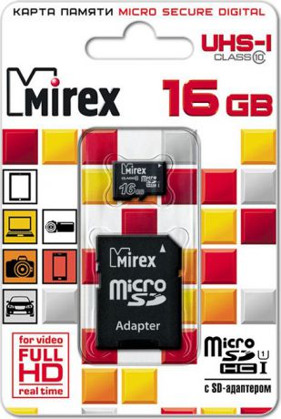 Карта памяти Mirex microSD UHS-I Сlass 10, с адаптером, 13613-ADSUHS16, 16GB, black