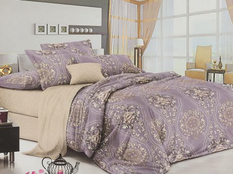 Комплект белья Amore Mio Gold Violetta, 7566, бежевый, фиолетовый, 2-спальный, наволочки 70x70