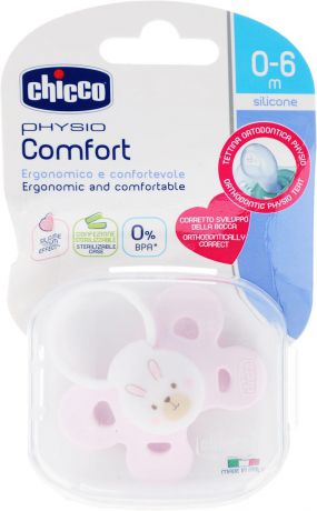 Chicco Пустышка Physio Comfort "Зайка", силиконовая, от 0 до 6 месяцев, белый, розовый
