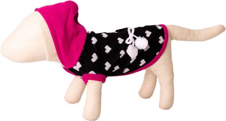 Свитер для собак Каскад "Сердечки", с помпонами и капюшоном, 52000627, черный, розовый, размер S
