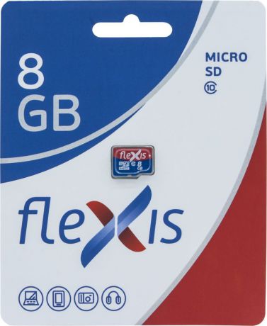 Карта памяти Flexis microSDHC 8GB Class 10 без адаптера, FMSD008G10, красный, синий, черный