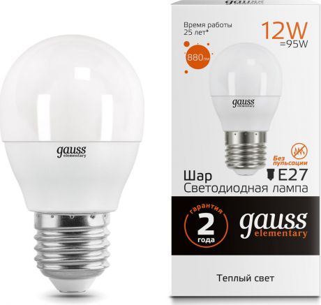Лампочка Gauss Elementary LED, 53212, шар, E27, 12W