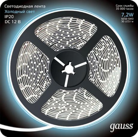 Светодиодная лента Gauss Black, 312000307, LED, 5050/30-SMD, 7.2W, 12V, DC, холодный белый, 5 м