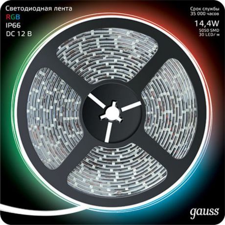 Светодиодная лента Gauss Black, 311000414, LED, 5050/60-SMD, 14.4W, 12V, DC, RGB, 5 м