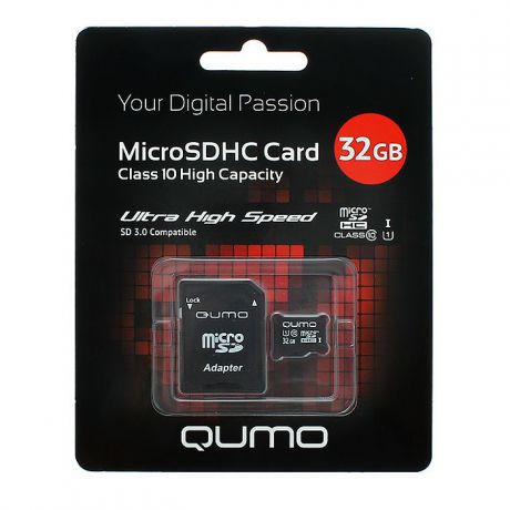 Карта памяти Qumo microSDHC Class 10 UHS-I 32GB + SD adapter