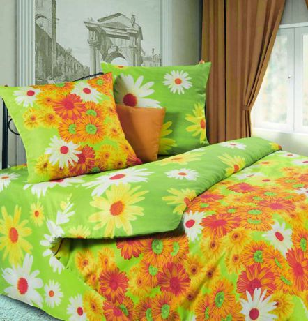 Комплект белья Diana P&W "Герберы", 2-спальный, наволочки 70х70, цвет: желтый, оранжевый, зеленый
