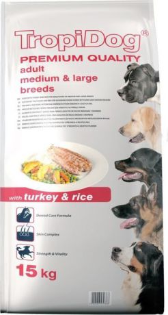 Корм сухой Tropical TropiDog для взрослых собак средних и крупных пород, с индейкой и рисом, 15 кг