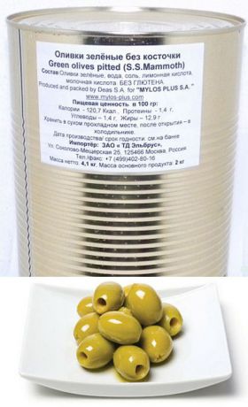 Mylos plus S.S.Mammoth Оливки зеленые без косточки, 4,326 л (вес основного продукта 2 кг)