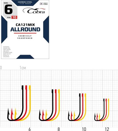 Крючок рыболовный Cobra Allround Mix, CA121MIX-008, размер 8, 10 шт