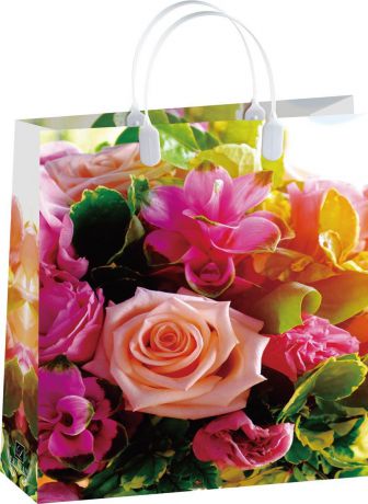 Подарочный пакет Bello Цветы, BAL 152, оранжевый, розовый, зеленый, 32 х 42 см