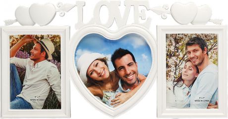 Фоторамка Любовь - двойное сердце, на 3 фото, 3938486, белый, 26 х 50,5 х 2,5 см