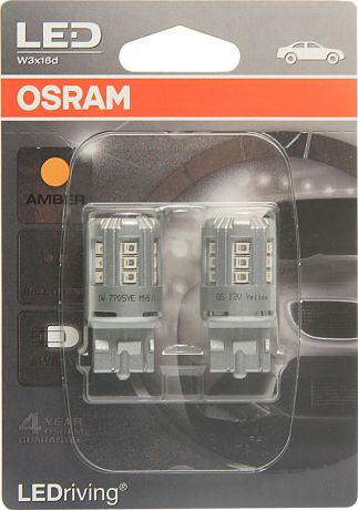 Лампа автомобильная Osram W21W (W3*16d) LED Standart Amber 12V, 7705YE02B, 2 шт