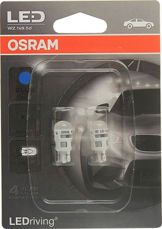 Лампа автомобильная Osram W5W (W2.1*9.5d) LED Standart Blue 12V, 2880BL02B, 2 шт