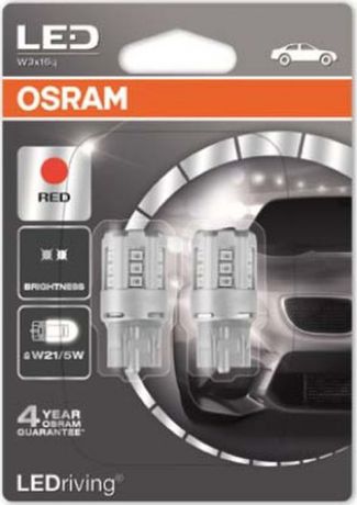 Лампа автомобильная Osram W21/5W (W3*16q) LED Standart Red 12V, 7715R02B, 2 шт