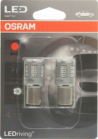 Лампа автомобильная Osram P21/5W (BAY15d) LED Standart Red 12V, 1457R02B, 2 шт