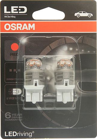 Лампа автомобильная Osram W21/5W (W3*16q) LED Premium Red 12V, 7915R02B, 2 шт