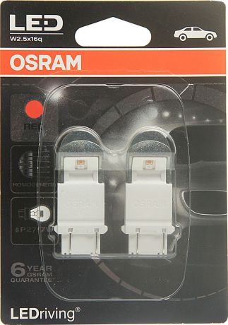 Лампа автомобильная Osram P27/7W (W2.5*16q) LED Premium Red 12V, 3557R02B, 2 шт