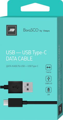 Дата-кабель Borasco by Vespa, USB - Type-C, 2A, черный, 1 м