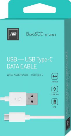 Дата-кабель Borasco by Vespa, USB - Type-C, 2A, белый, 1 м