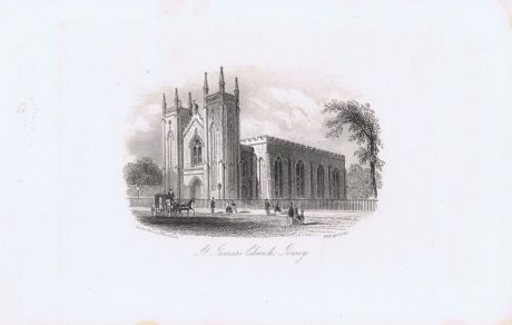 Гравюра Джон Харвуд Остров Джерси. Церковь Сент-Джеймс. Офорт. Англия, Лондон, 1855 год