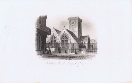 Гравюра Джон Харвуд Остров Джерси. Церковь Сент-Хелиер, основанная в 1341 г. Офорт. Англия, Лондон, 1855 год