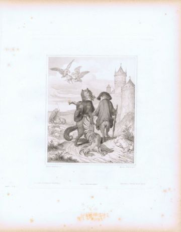Гравюра Вильгельм фон Каульбах Барсук Гримбарт и Рейнеке-лис идут на королевский суд. Офорт. Германия, Штутгарт, 1867 год