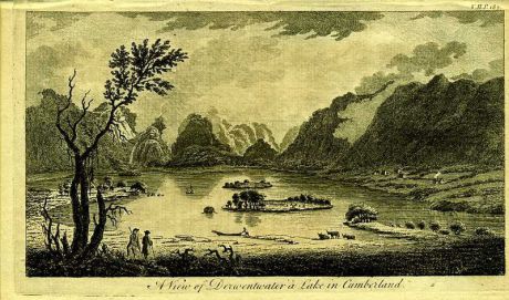 Гравюра Роберт Годби Англия. Вид на озеро Дервентуотер в Камберленде. Резцовая гравюра. Англия, Лондон, 1776 год