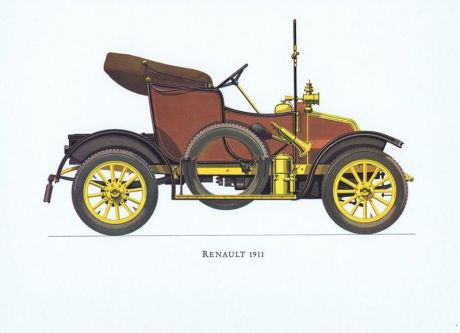 Гравюра Ariel-P Ретро автомобиль Рено (Renault) 1911 года. Офсетная литография. Англия, Лондон, 1968 год