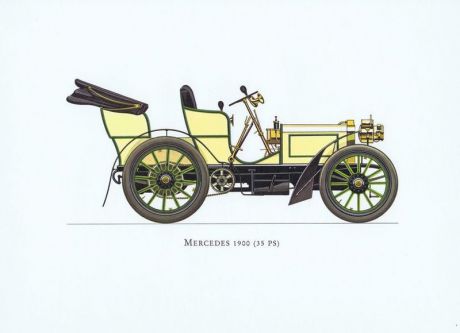 Гравюра Ariel-P Ретро автомобиль Мерседес (Mercedes) 1900 года. Офсетная литография. Англия, Лондон, 1968 год