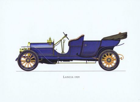 Гравюра Ariel-P Ретро автомобиль Лянча (Lancia) 1909 года. Офсетная литография. Англия, Лондон, 1968 год