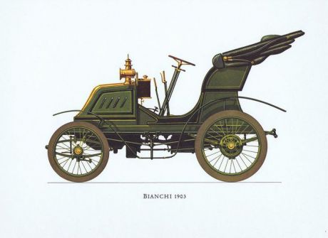 Гравюра Ariel-P Ретро автомобиль Бьянки (Bianchi) 1903 года. Офсетная литография. Англия, Лондон, 1968 год