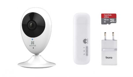 Система видеонаблюдения Ezviz Беспроводной комплект- видеокамера Mini O+4G WiFi модем+карта памяти 16Gb, белый