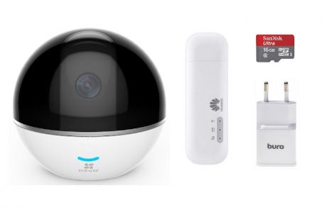 Система видеонаблюдения Ezviz Беспроводной комплект- видеокамера С6Т+4G WiFi модем+карта памяти 16Gb, белый