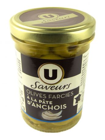 Овощные консервы U Оливки зелёные фаршированные анчоусами Saveurs, 215 г, Франция Стеклянная банка
