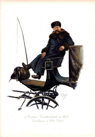 Гравюра Готтлоб Морэ Профессии. Дрезденский извозчик (кучер) зимой. Хромолитография. Германия, Дрезден, 1895 год
