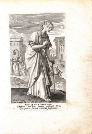 Гравюра Карел ван Маллери Библия, Новый Завет. Женщина с кровотечением. Резцовая гравюра. Бельгия, Антверпен., ок. 1594 год