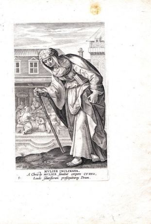 Гравюра Ханс Колларт Библия, Новый Завет. Согбенная женщина. Резцовая гравюра. Бельгия, Антверпен., ок. 1594 год