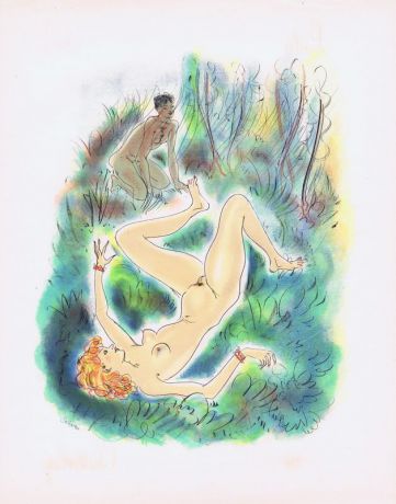 Гравюра Рауль Серрес (Шем) Леди Чаттерлей. Любовные игры в лесу. Хромолитография. Франция, 1956 год