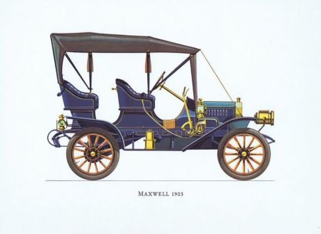 Гравюра Ariel-P Ретро автомобиль Максвелл (Maxwell) 1905 года. Офсетная литография. Англия, Лондон, 1968 год