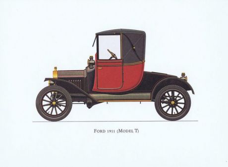 Гравюра Ariel-P Ретро автомобиль Форд (Ford) модель Т 1911 года. Офсетная литография. Англия, Лондон, 1968 год